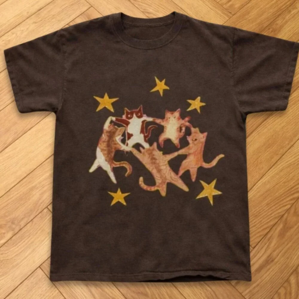 Brown - Dancing Cats Star Cute Graphic T-Shirt - Picture 1 of 1
